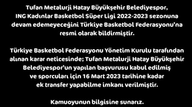 Hatay Büyükşehir Belediyespor ligden çekildi