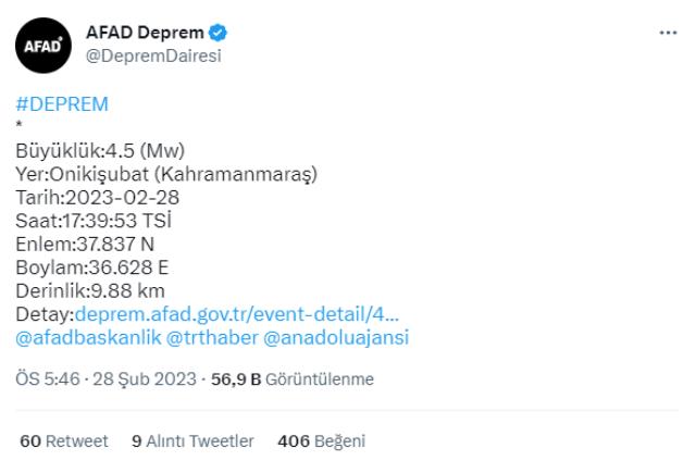 Son Dakika: Kahramanmaraş'ta 10 dakika arayla iki deprem! 4.5 ve 4.1'le sallandı