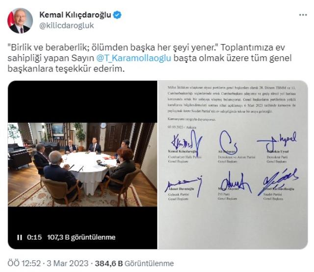 6'lı Masa toplantısının ardından Kılıçdaroğlu'ndan dikkat çeken bir paylaşım: Birlik ve beraberlik; ölümden başka her şeyi yener