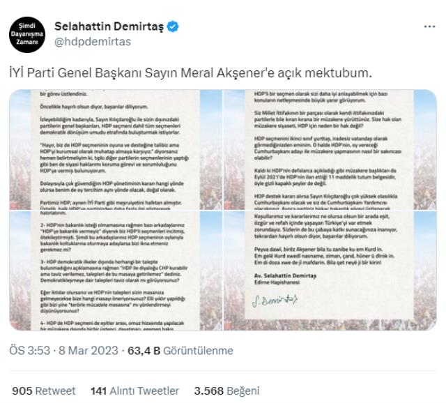 Demirtaş'tan 'Kılıçdaroğlu HDP ile görüşebilir ama taleplerini masaya asla getiremez' diyen Akşener'e açık mektup